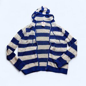 Quacker Factory Blue White Crochet Zip Up Hoodie Women’s Size Large Coverup Top